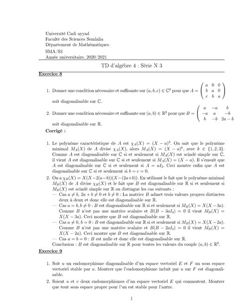 Corrige seri3 alg4 sma3 exercices 8 9 11 Université Cadi ayyad