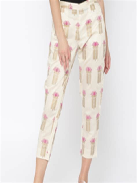 Buy Melange By Lifestyle Women Cream Coloured And Pink Regular Fit Printed Regular Trousers