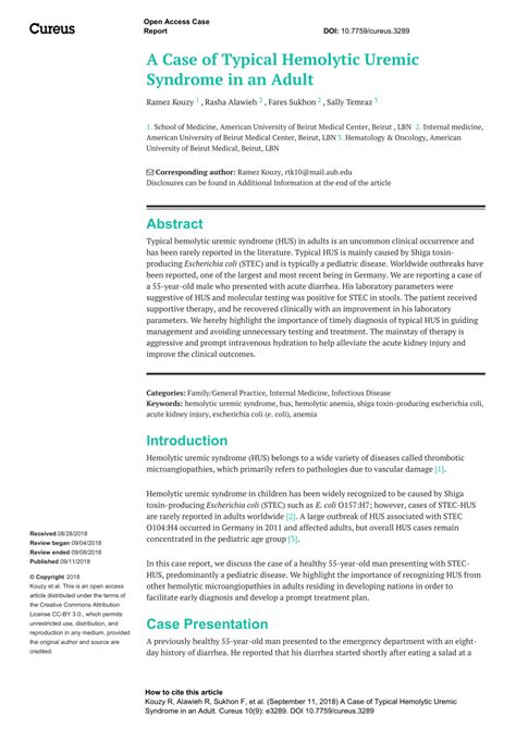 PDF A Case Of Typical Hemolytic Uremic Syndrome In An Adult