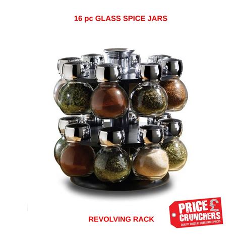 16 Piece Revolving Glass Herbs Spice Jar Rack Carousel Kitchen Rotating