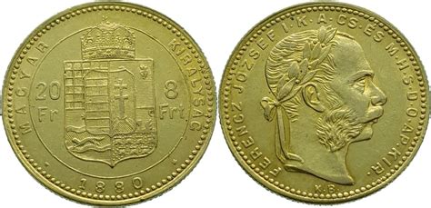 Hungary 20 Francs 8 Forint 1880 Franz Joseph I Gold Extremely Fine