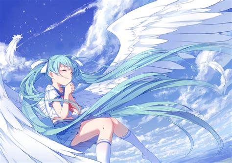 Aqua Hair Clouds Hatsune Miku Long Hair Sky Twintails Vocaloid Wings