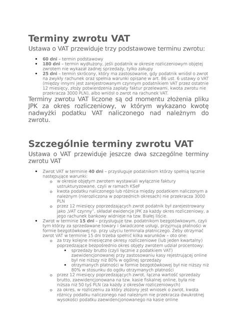 Terminy Zwrotu VAT Terminy Zwrotu VAT Ustawa O VAT Przewiduje Trzy