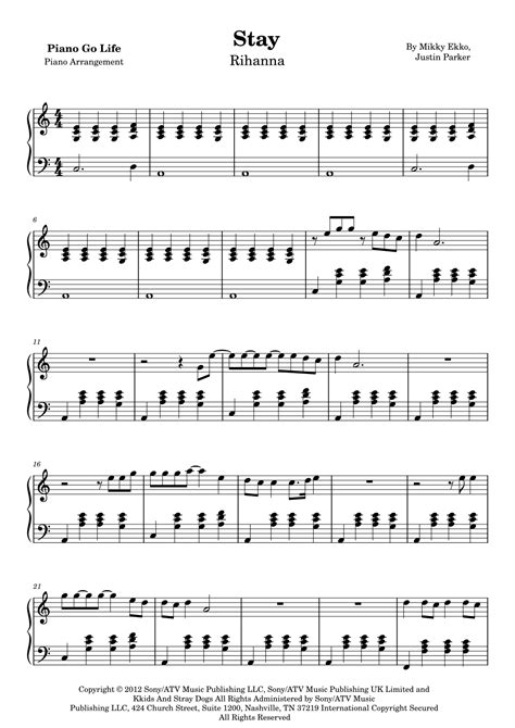 Stay Arr Piano Go Life By Rihanna Sheet Music For Piano Solo At