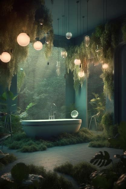 A bathroom with a bathtub and plants | Premium AI-generated image