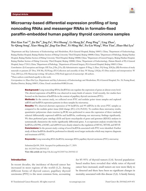 Pdf Microarray Based Differential Expression Profiling Of Long Noncoding Rnas And Messenger