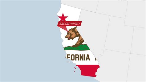 US State California map highlighted in California flag colors and pin ...