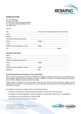 Fillable Online Nomination Form To The Chairman Honours Rowing