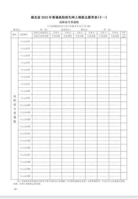 湖北新高考志愿表填写样本（含本科、专科） 高考100