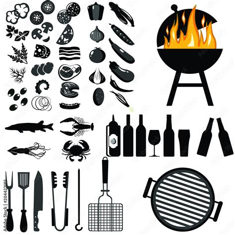 Grill Barbecue Icon Set On White Background Grilled Vegetables Meat