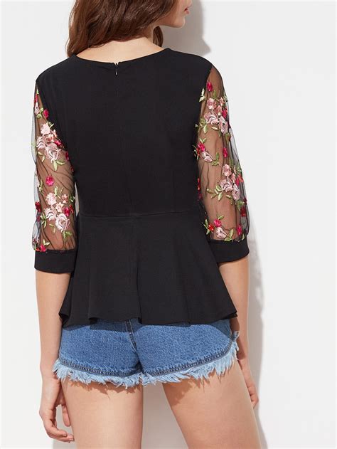 Flower Embroidered Mesh Overlay 2 In 1 Peplum Top Shein Sheinside