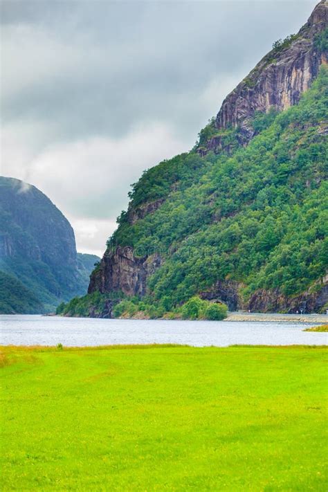 Cloudy Rainy Mountains And Fjord In Norway Stock Image Image Of