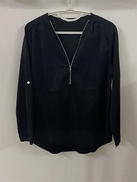 Solid V Neck Blouse Casual Ruched Rollable Sleeve Half Zip Temu