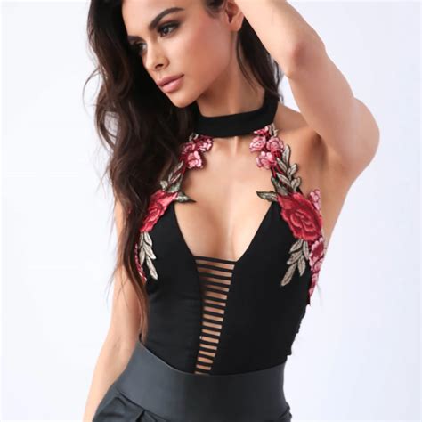 Floral Printed Black Bodysuits Women Deep V Neck Bandage Halter Tops