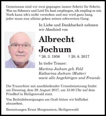 Traueranzeigen Von Albrecht Jochum Saarbruecker Zeitung Trauer De