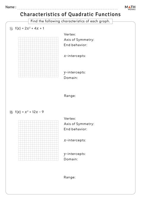 Characteristics Of Quadratic Functions Worksheets Math Monks