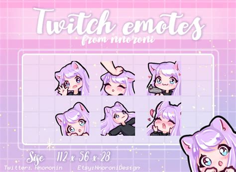 Set Cute Chibi Cat Girl Emote Purple Hair Blue Eyes Twitch Emotes