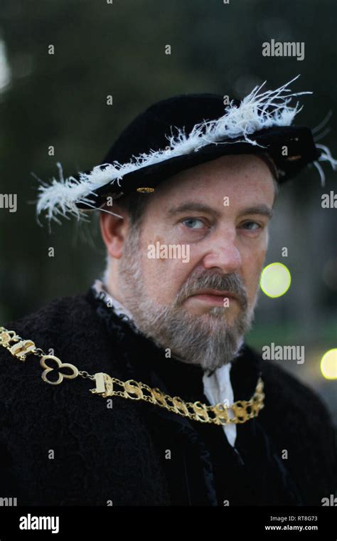 Portrait of a modern day Henry VIII wearing authentic Tudor dress taken at The Tower of London ...