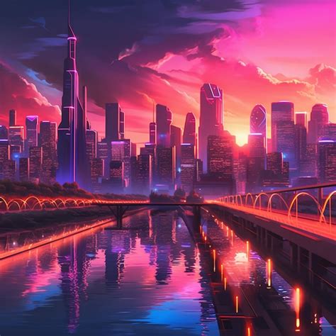 Premium Ai Image Anime City Skyline With A Bridge And A River At