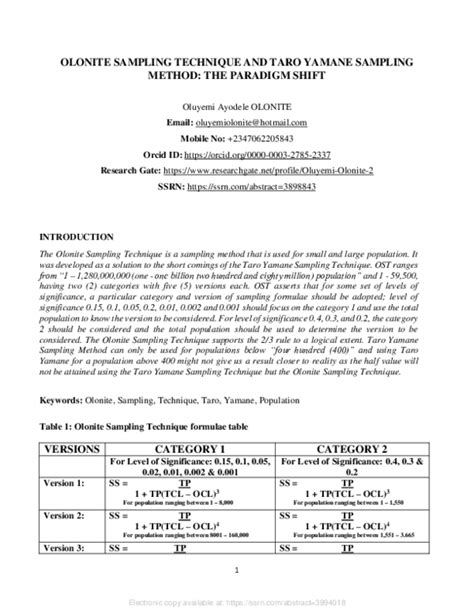 (PDF) OLONITE SAMPLING TECHNIQUE AND TARO YAMANE SAMPLING METHOD: THE ...