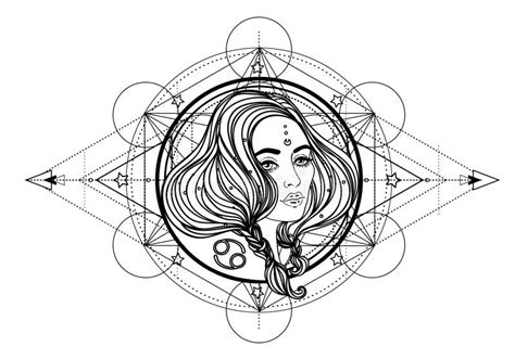 Illustration Of Cancer Astrology Sign As A Beautiful Girl Over Sacred Geometry Frame Zodiac