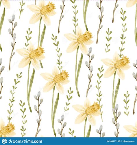 Watercolor Narcissus Flower With Branches With Buds Seamless Pattern