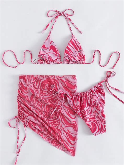 Shein Swim Vcay Swirl Print Bikini Set Drawstring Triangle Bra And Thong