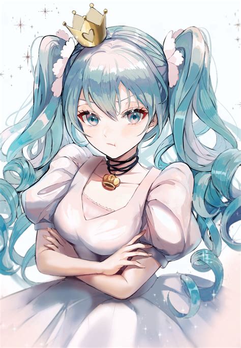 Safebooru 1girl Absurdres Aqua Eyes Aqua Hair Bangs Breasts Commentary Crossed Arms Crown