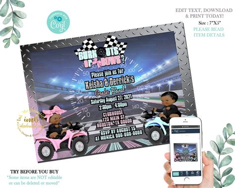 Digital File 4 Wheeler Burnouts Or Bows Gender Reveal Invite Invitation