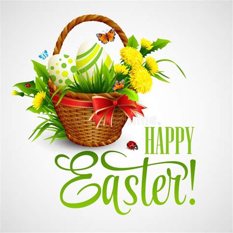 Easter Card With Basket Eggs And Flowers Vector Stock Vector