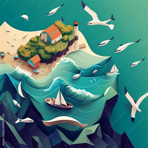 Ocean Shore With Waves Boat And Seagulls Top View Pop Up Window Style Illustration Fantasy