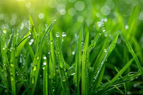 Fresh Green Grass Covered In Sparkling Water Droplets Dewdrops