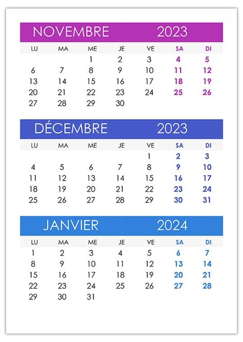 Calendrier novembre décembre 2023 janvier 2024 calendrier su