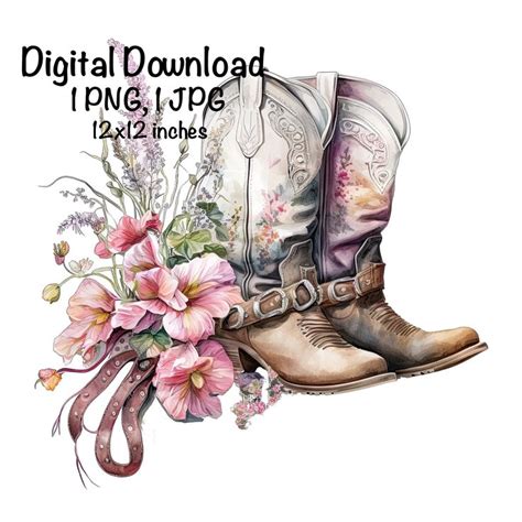 Cowgirl Boots Pink Flowers Watercolor Country Cowboy Clipart Png