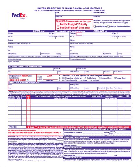 Fedex Bill Of Lading Printable Printable Templates