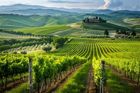 Landscape Photograph Of A Vineyard Valley With An Estate In The