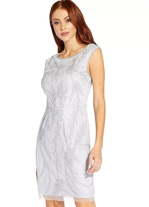 Adrianna Papell Beaded Short Dress With Extended Shoulder Freemans