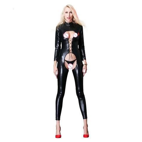 Wetlook Latex Catsuit With Open Crotch And PVC Bandage Sexy Lingerie