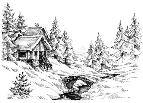 An Ink Drawing Of A Cabin In The Woods With A Bridge And Snow Covered