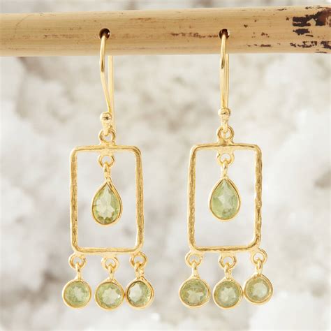 Green Peridot Hammered Gold Plated Rectangle Earrings By Rochejewels