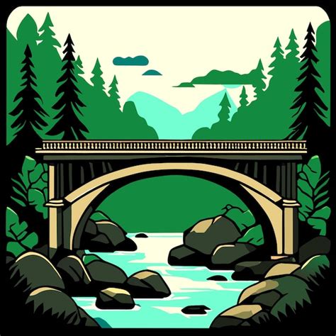 Puente de piedra sobre el río en la ilustración vectorial del bosque en