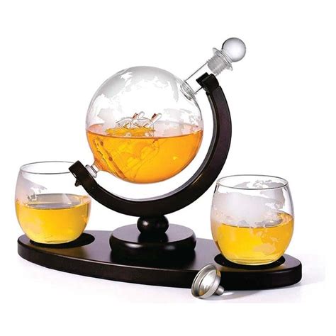 850ml Whiskey Or Wine Globe Glass Decanter Set 2x Glasses Wooden Stand Big W