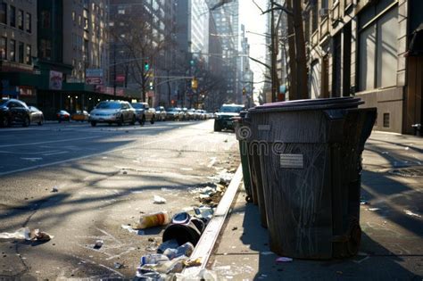 Urban Street Scene With Overflowing Trash Can And Littered Roadway In