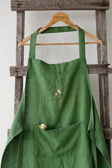 Apple Green Traditional Apron Linen Apron Hand Embroidery Etsy