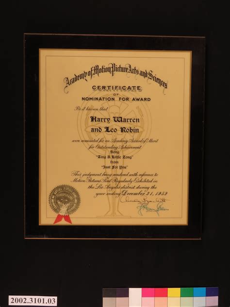 AMPAS Certificate of Nomination plaque, presented to Harry Warren and