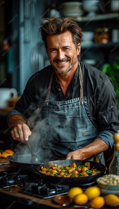 Premium Photo Handsome Mature Man Cooking Dinner And Smiling While