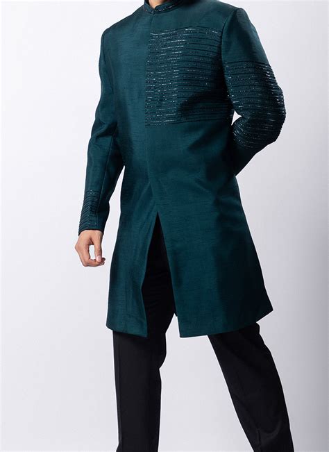 Shop Teal Green Art Silk Hand Embroidered Indowestern Sherwani Party