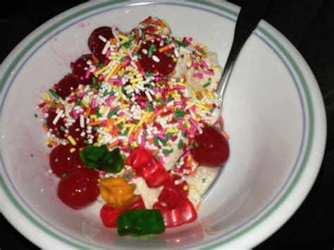 Vanilla Ice Cream Rainbow Sprinkles Cherries Gummy Bears Vanilla Ice Cream Gummy Bears