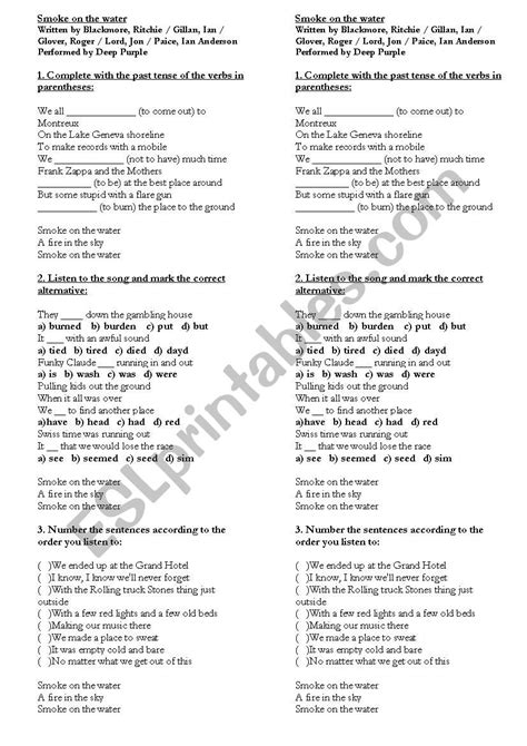 Smoke On The Water Esl Worksheet By Teacher Mauricio