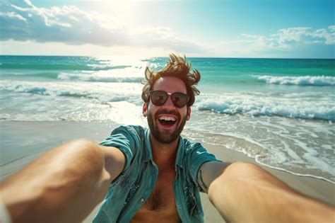 Premium Photo Excited Handsome Man Taking Selfie In The Beach